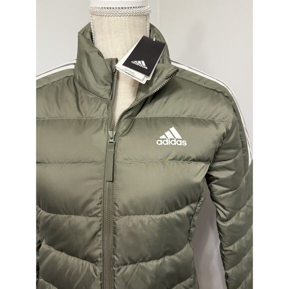 NEW adidas Women's Olive/White Essential 3-Stripe Light Down Jacket Coat Size XS - Picture 2 of 3